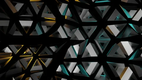 Abstract 3d Rendering Of Moving Geometric Shapes With Yellow And Cyan Lights Video stock 144368247