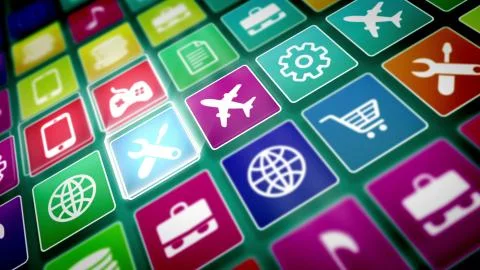 An abstract 3d rendering of multicolored mobile application icons on a pc scr Illustrazione stock