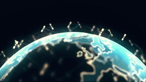 Abstract 3D rendering satellites starlink network, digital earth data globe - Illustrazione stock