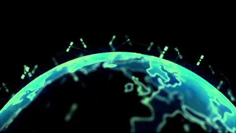 Abstract 3D rendering satellites starlink network, digital earth data globe - Illustrazione stock