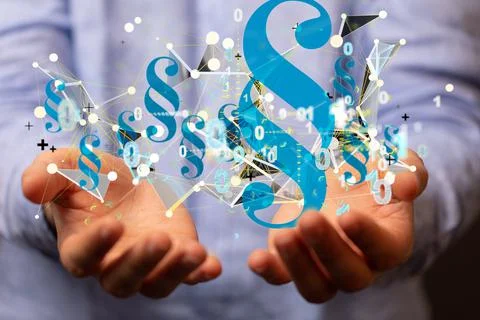 An abstract 3D rendering with section signs and binary code hovering over a m Foto stock