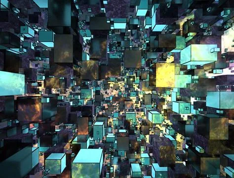 Abstract 3D rendering of a vibrant and dynamic cube matrix in a futuristic .. Stock-Illustration