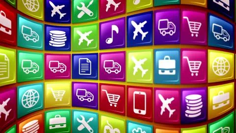 An abstract 3d rendering of wavy mobile application icons on a computer scree Stock Illustration