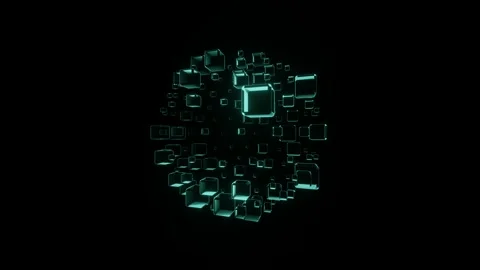 Abstract 3D Rotating Sphere of Glowing Cyan Cubes on Black Background Vídeo Stock 343798075