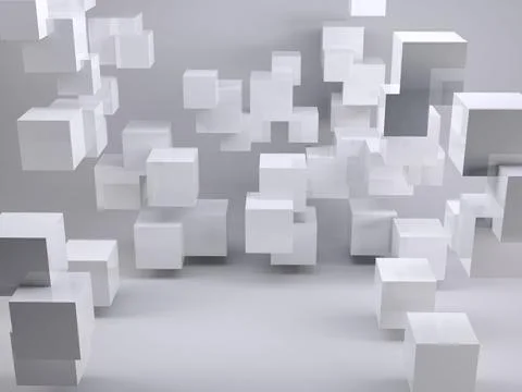 Abstract 3D scene showing floating translucent cubes on gray gradient backdrop, 库存插图