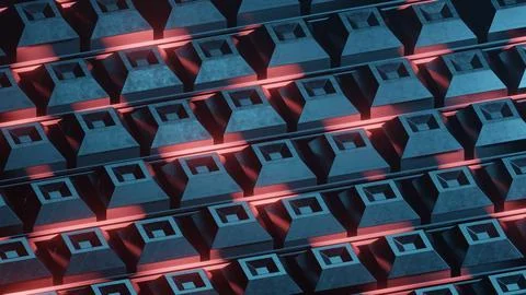 Abstract 3D Sci-Fi Background with Glowing Red Neon Lines and Metallic Blocks Stock Illustration