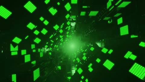 Abstract 3d sci-fi hi-tech neon background green matrix glowing cubes laser rays Stock Illustration