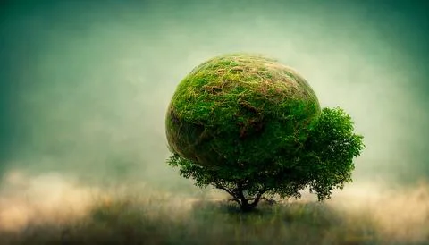 An abstract 3D soft meta background image of a tree emerging from a spherical Illustrazione stock