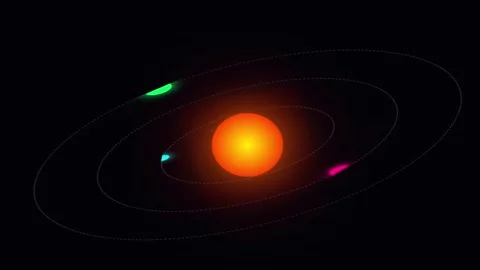 Abstract 3D solar system with glowing planets orbiting sun on black backgro.. Stock Footage 342151832