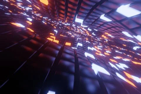 Abstract 3D space background with a perspective of metal cubes and bright ele 스톡 일러스트