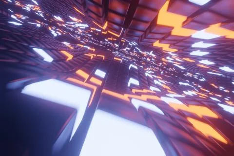 Abstract 3D space background with a perspective of metal cubes and bright ele 스톡 일러스트