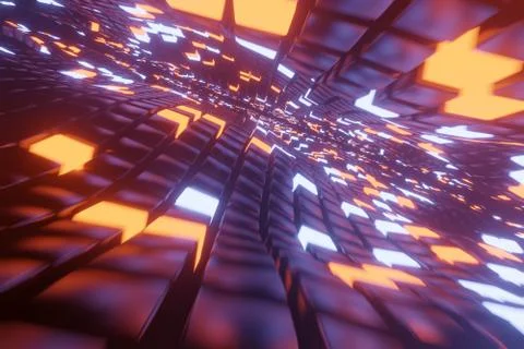 Abstract 3D space background with a perspective of metal cubes and bright ele 스톡 일러스트