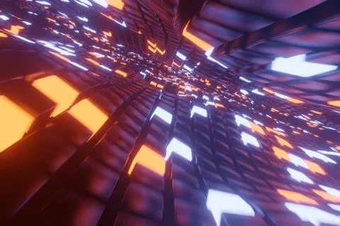 Abstract 3D space background with a perspective of metal cubes and bright ele 스톡 일러스트