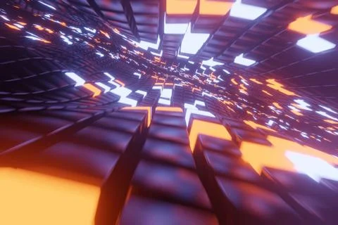 Abstract 3D space background with a perspective of metal cubes and bright ele 스톡 일러스트