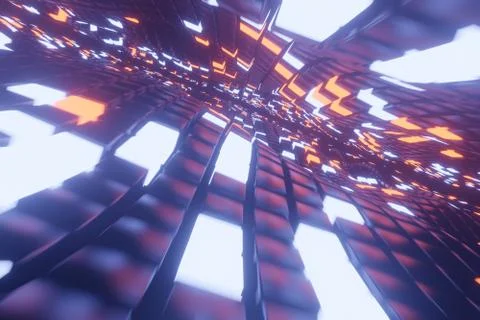 Abstract 3D space background with a perspective of metal cubes and bright ele 스톡 일러스트