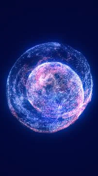 Abstract 3D sphere composed of glowing blue and pink particles on a dark ba.. Stock Illustration