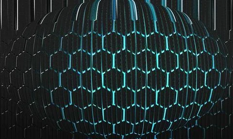 Abstract 3D Sphere with Hexagonal Mesh Pattern and Cyan Neon Glow 스톡 일러스트