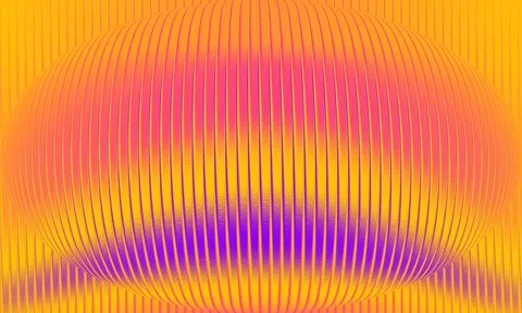 Abstract 3D sphere with vertical orange and purple stripes on a vibrant geo.. Stock Illustration