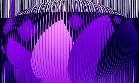 Abstract 3D sphere with vertical purple and black stripes featuring geometr.. Stock Illustration