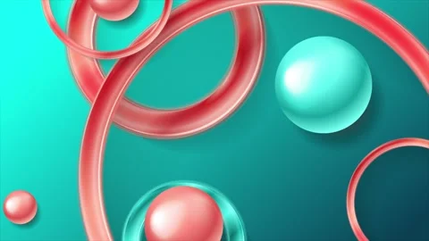 Abstract 3D spheres and glossy rings on turquoise background Stock Footage 345703453