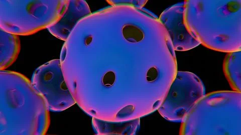 Abstract 3D spheres with perforations in blue and neon colors.. Illustrazione stock