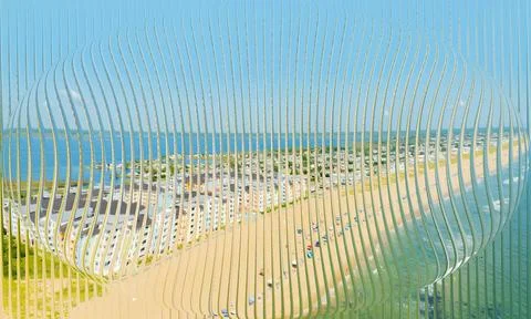 Abstract 3D spherical lens distortion of beach resort town and ocean view t.. Stock Photos