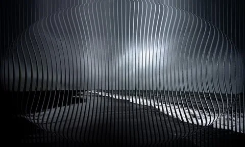 Abstract 3D spherical lens distortion of dark moody ocean beach through ver.. Stock Photos