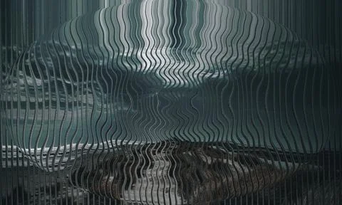 Abstract 3D spherical lens distortion of moody coastal landscape Stock Photos