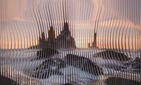 Abstract 3D spherical lens distortion of Reynisdrangar sea stacks in Icelan.. Stock Photos