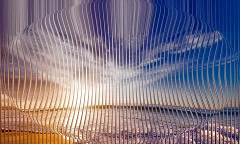 Abstract 3D spherical lens distortion of sunset ocean beach through vertica.. Stock Photos