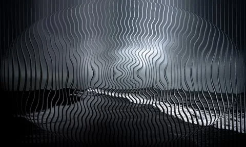 Abstract 3D spherical lens distortion with wavy lines and dark moody ocean Stock Photos