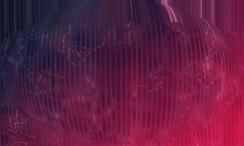 Abstract 3D Spherical Structure with Vertical Slat Texture and Glowing Red .. Stock Illustration