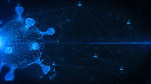 Abstract 3D Spinning Bacteria Molecular Structure with Data Line Communication Illustrazione stock