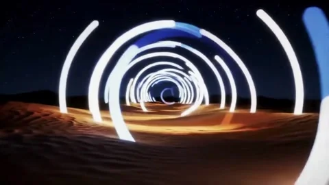 Abstract 3D spiral light trails swirl through a dark metallic tunnel. Video stock 310644411