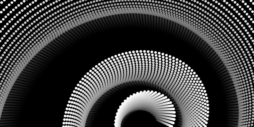 Abstract 3D spiral pattern made of white spotted lines on a black backgroun.. Stock Illustration