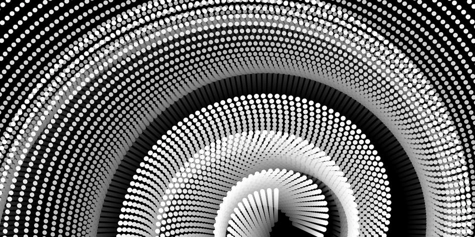 Abstract 3D spiral pattern made of white spotted lines on a black backgroun.. Illustrazione stock