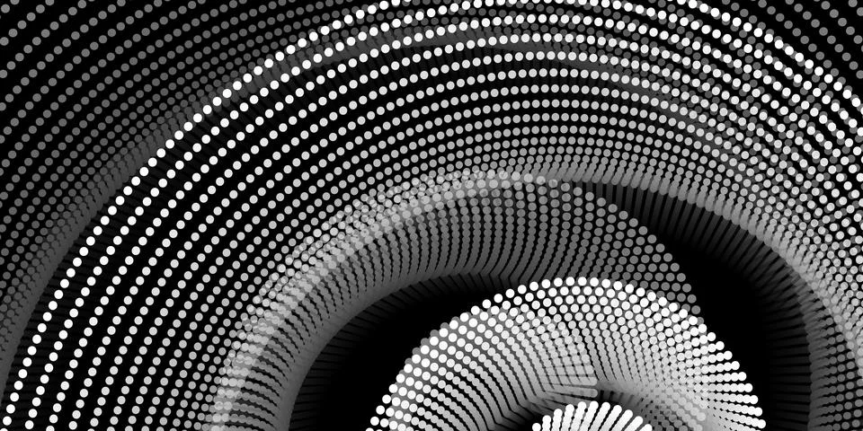 Abstract 3D spotted spirals pattern made of white dots on a black backgroun.. Stock Illustration