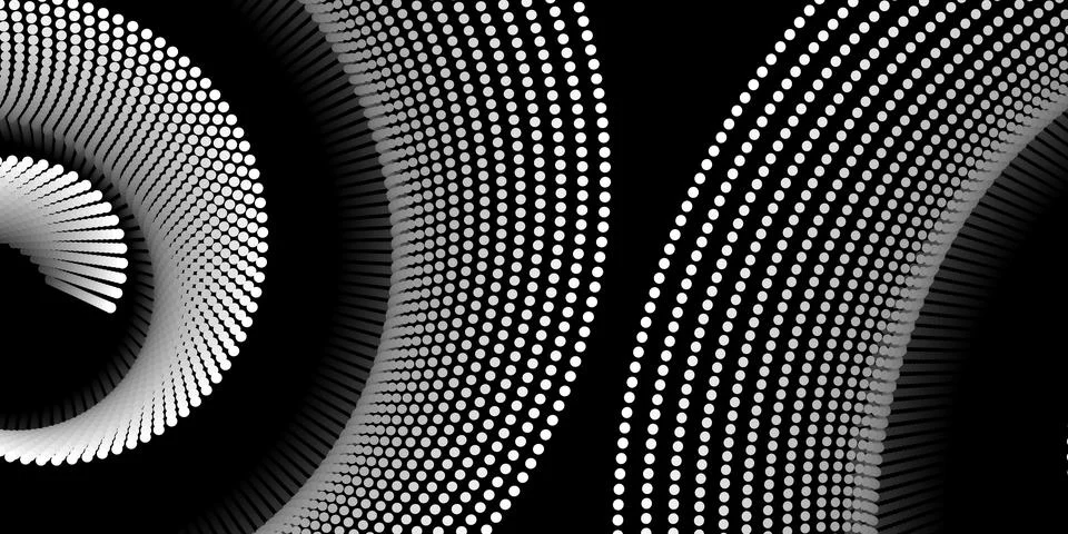 Abstract 3D spotted spirals pattern made of white dots on a black backgroun.. Stock Illustration