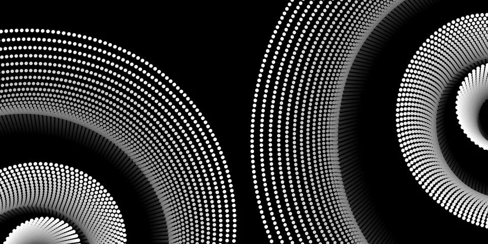 Abstract 3D spotted spirals pattern made of white dots on a black backgroun.. Stock Illustration