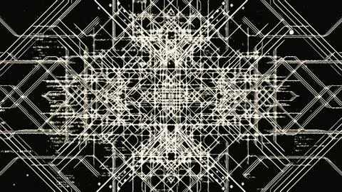 Abstract 3d stripped pattern of many crossed white lines on a black background Illustrazione stock