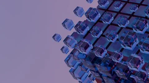 Abstract 3D structure of floating cubes in purple and blue tones Illustrazione stock