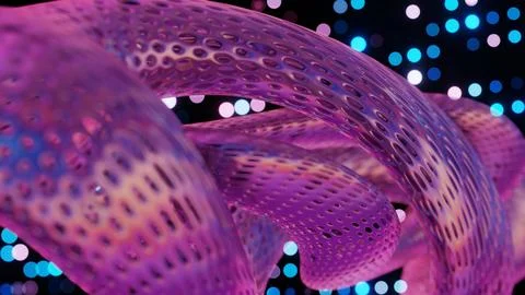 Abstract 3D Structure with Pink and Purple Mesh and Neon Bokeh Background Stock Illustration