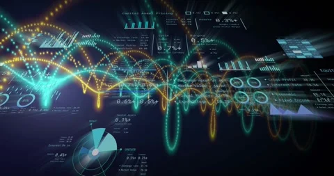 Abstract 3D tech data visual coalescing particles forming teal amber waves Stock Footage 333829946