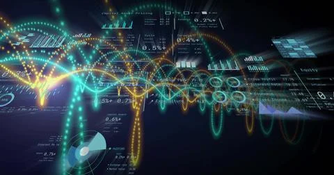 Abstract 3D tech data visual coalescing particles forming teal amber waves Stock Illustration