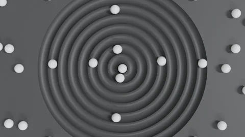 Abstract 3D top-view animation of white spheres rolling in circular grooves Stock Footage 335958547