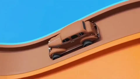 Abstract 3D Toy Car Rolling Through Colorful Balls on Blue Background Stock Footage 332760696