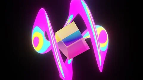 Abstract 3D transparent glass cube fluorescent iridescent gradient neon twist Stock Illustration