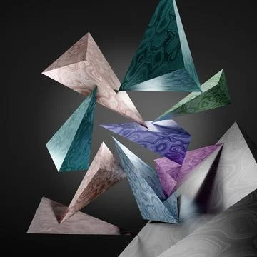 Abstract 3D Triangles Geometric Shapes with Random Patterns- 3D Illustration 스톡 일러스트