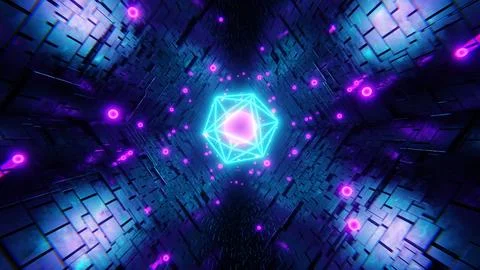 Abstract 3D tunnel background. Sci-fi cyberpunk blue pink purple neon Illustrazione stock