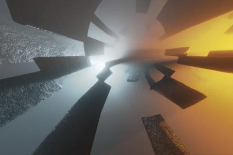 Abstract 3D tunnel with floating shapes and dual light tones Stock Illustration